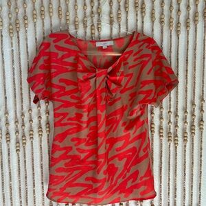 LOFT Red Tan Abstract Safari Bow Pleated Casual Workwear Short Sleeve Blouse
